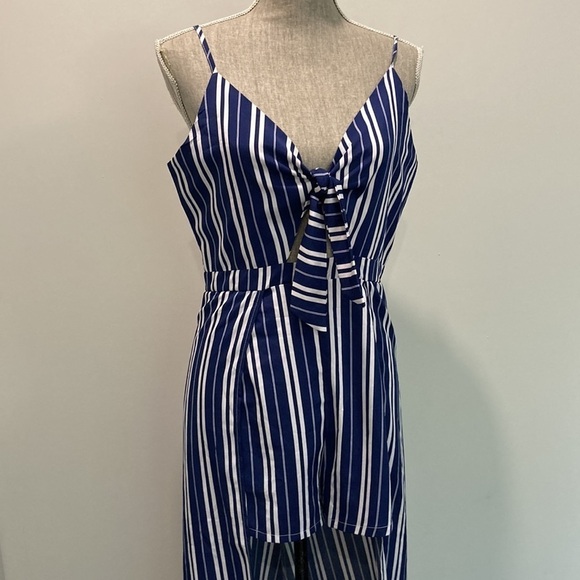 NAVY Blue and White Striped Maxi Romper with Cut-Out Sz Large - Picture 5 of 17
